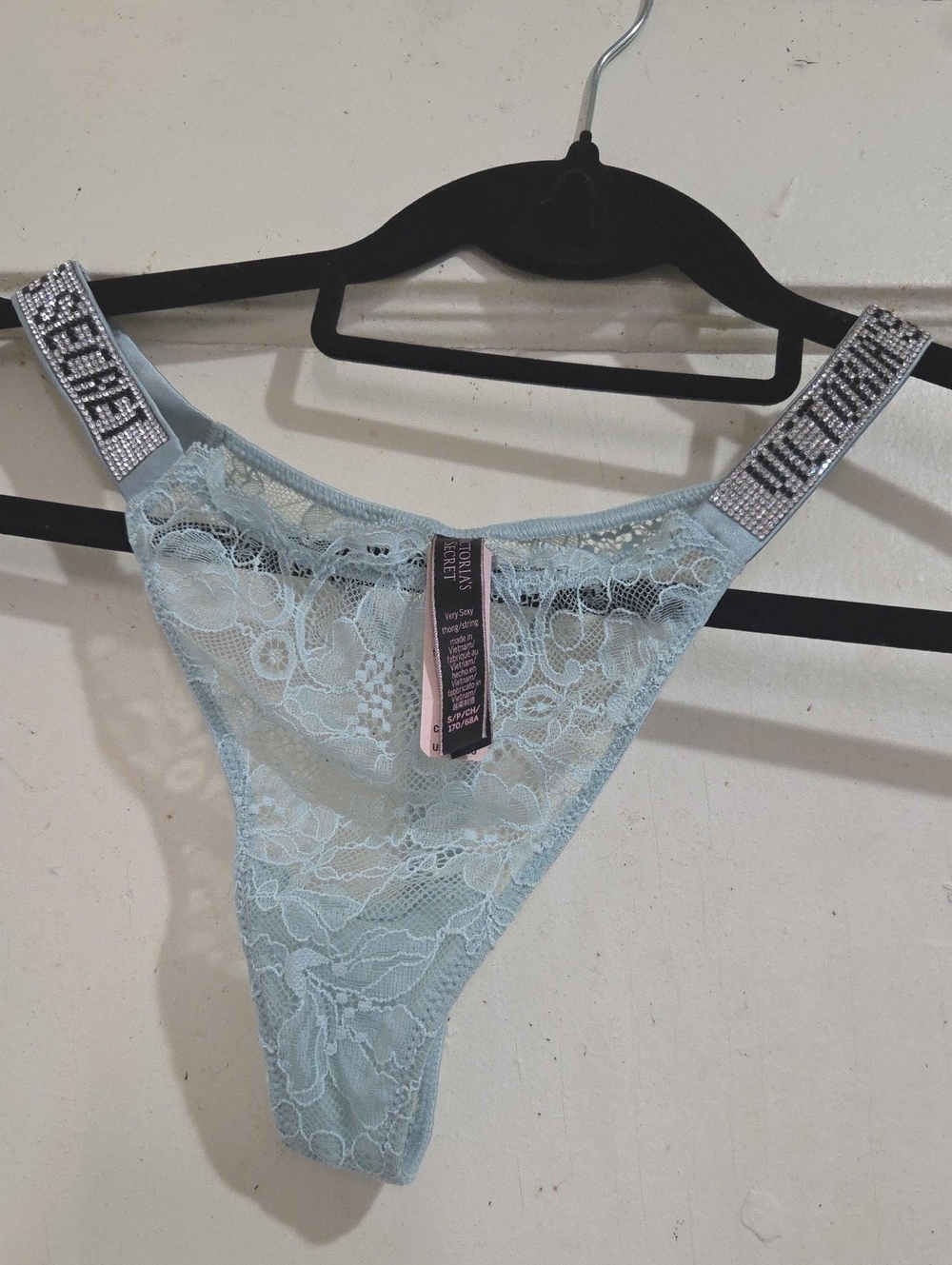 Victoria's Secret Pale Blue Lace Thong with Rhinestone Logo Straps